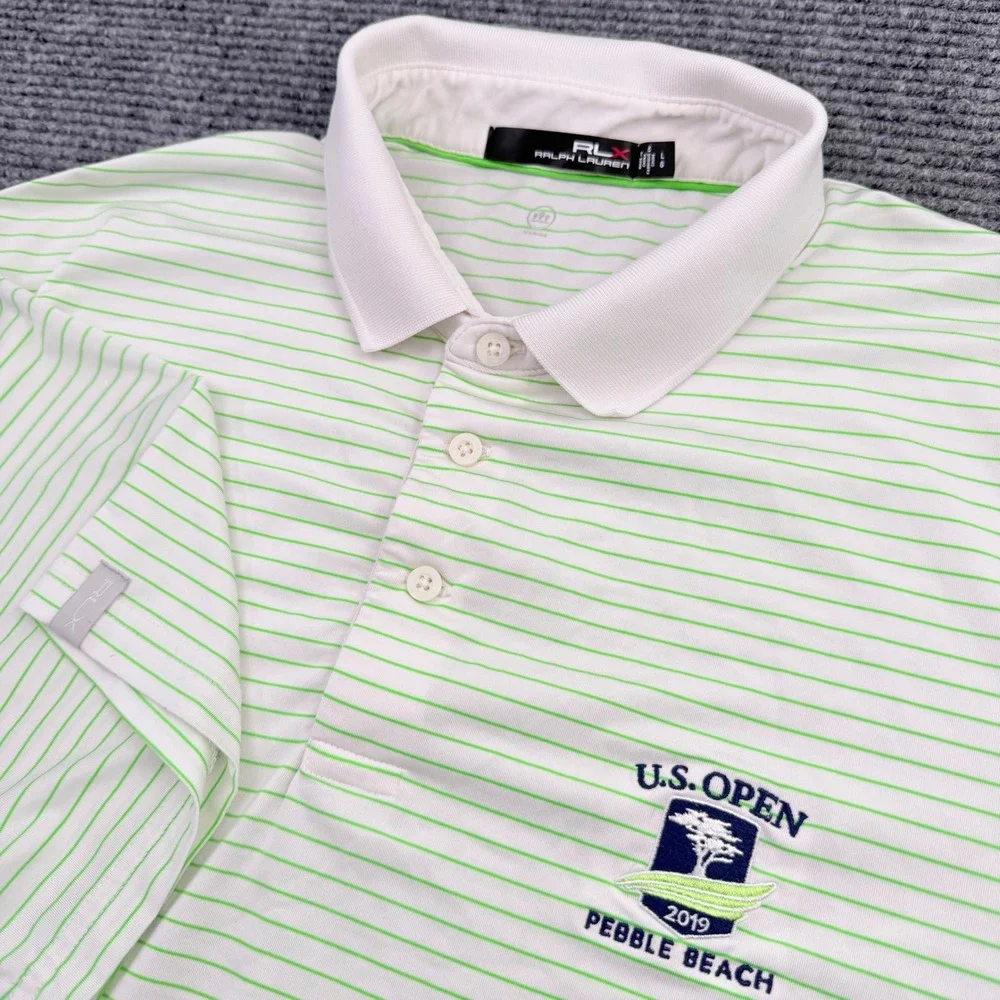 RLX Ralph Lauren Polo Shirt Mens Large Lime Green White Stripped Golf US Open